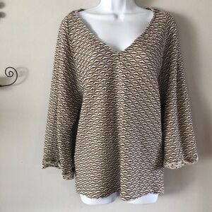 ANTHROPOLOGIE Postcard Texture Top 3/4 Rolled Cuff Sleeves V-Neck L Shirt Blouse